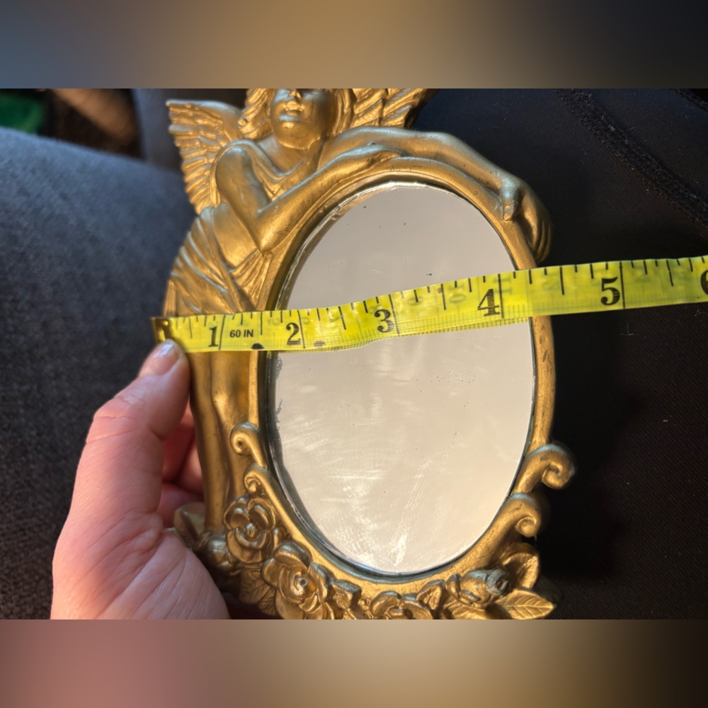 Vintage Gold Cherub Mirror w/ Roses • Romantic Angel Vanity Décor • Collectible - Picture 13 of 14